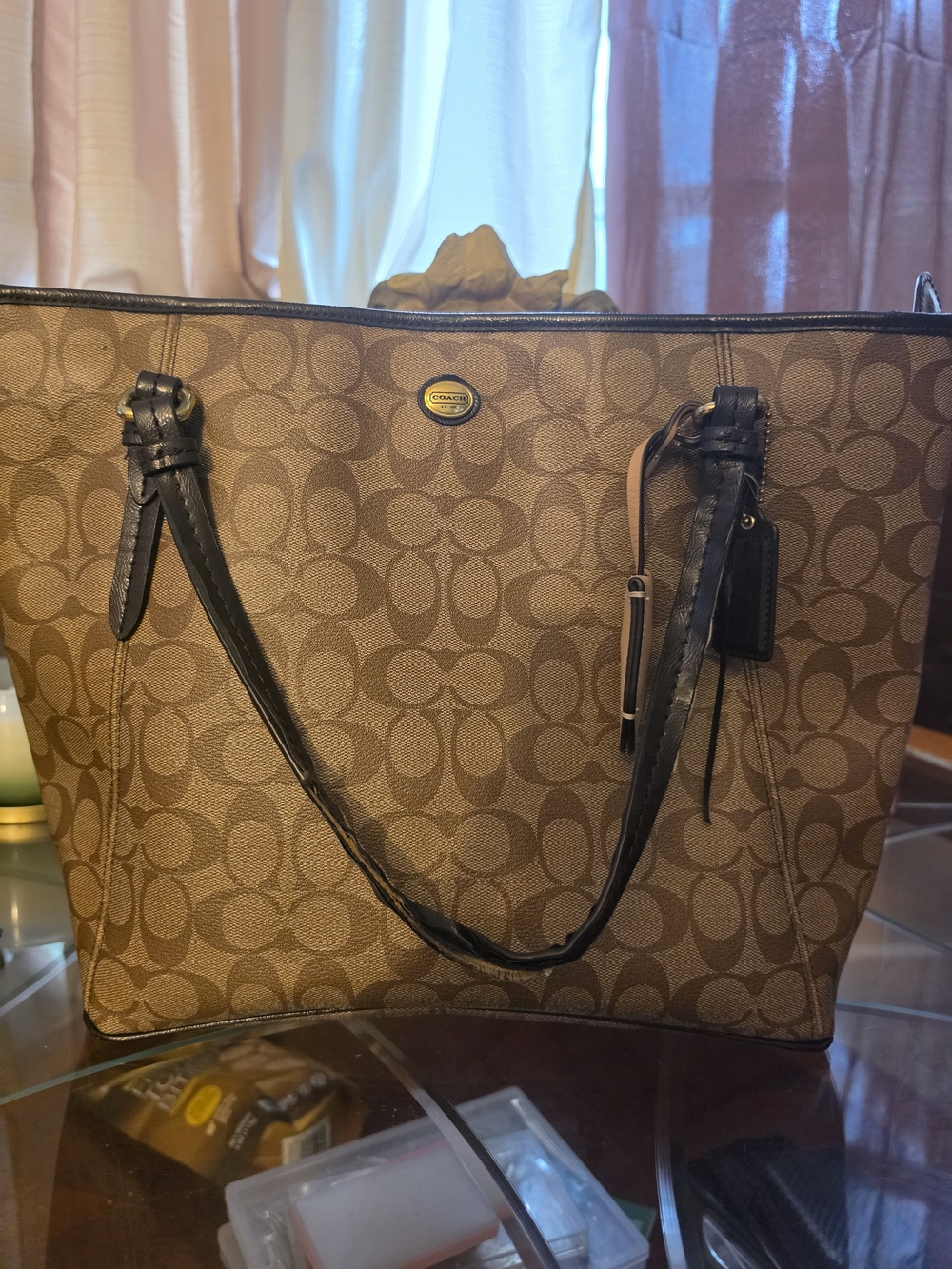 Coach Signature Canvas Tote in Brown with Black Handles - Picture 9 of 9